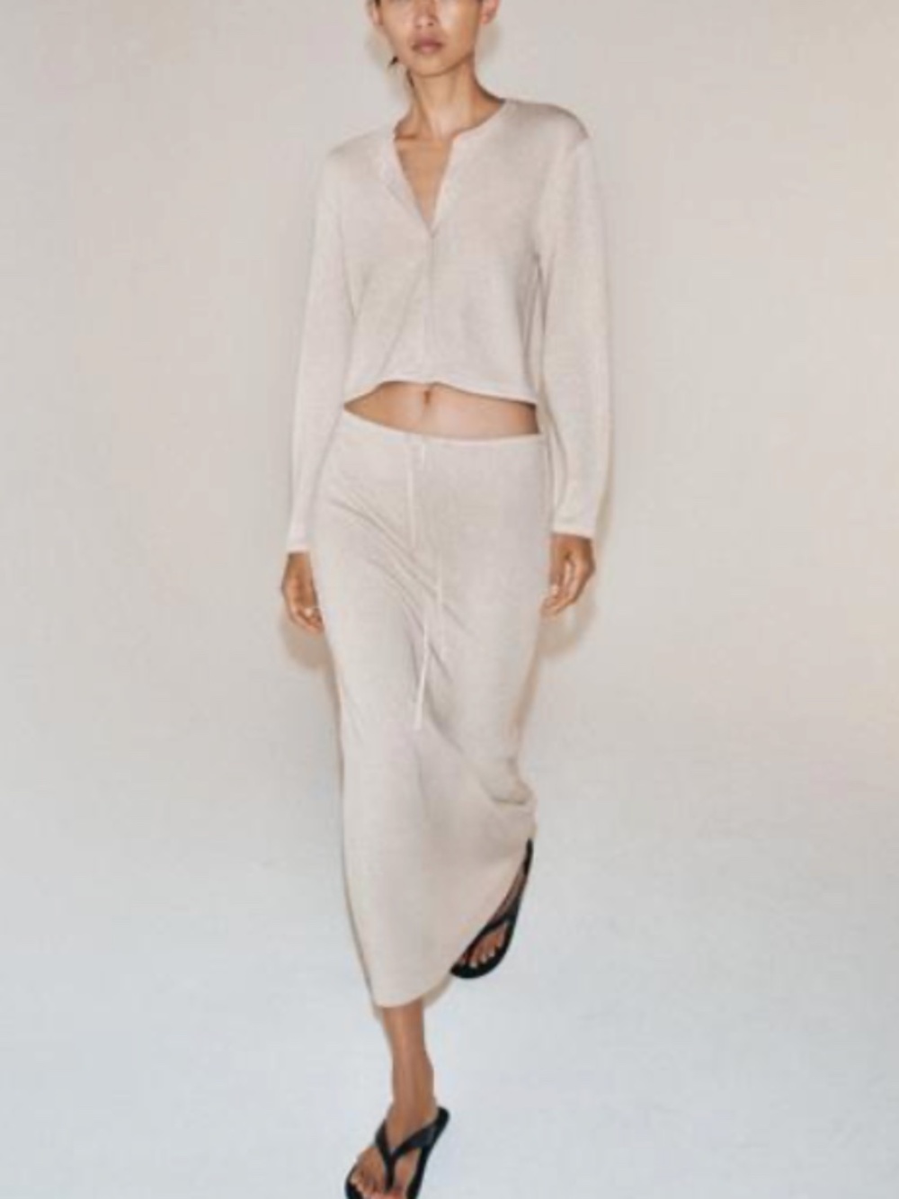 NWT ZARA Beige Long Straight Knit Maxi Skirt Drawstring Waist M